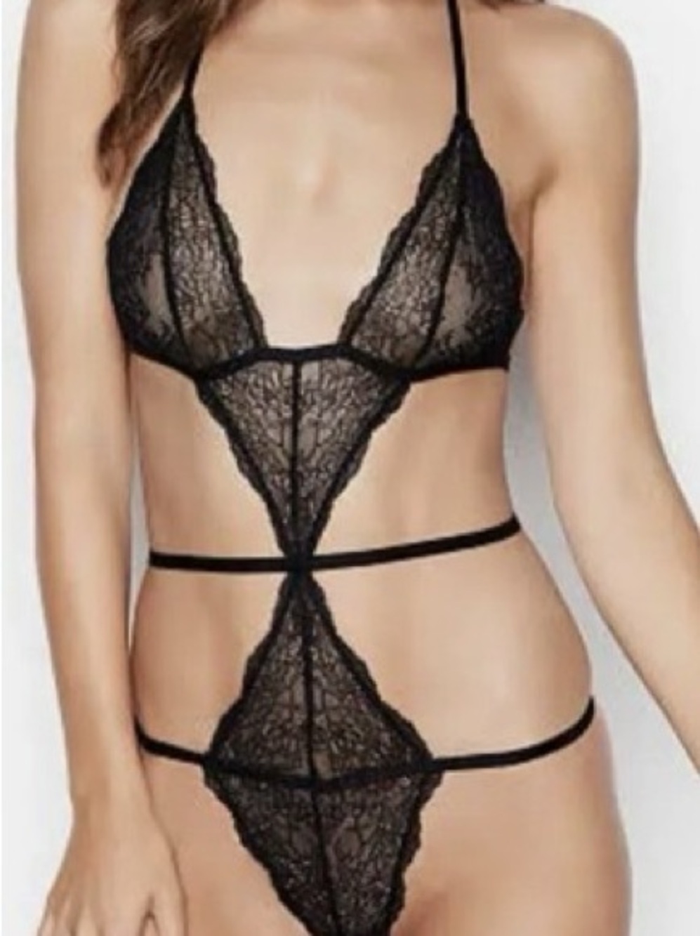 NWT Victoria's Secret Black Sheer Lace Strappy Bodysuit